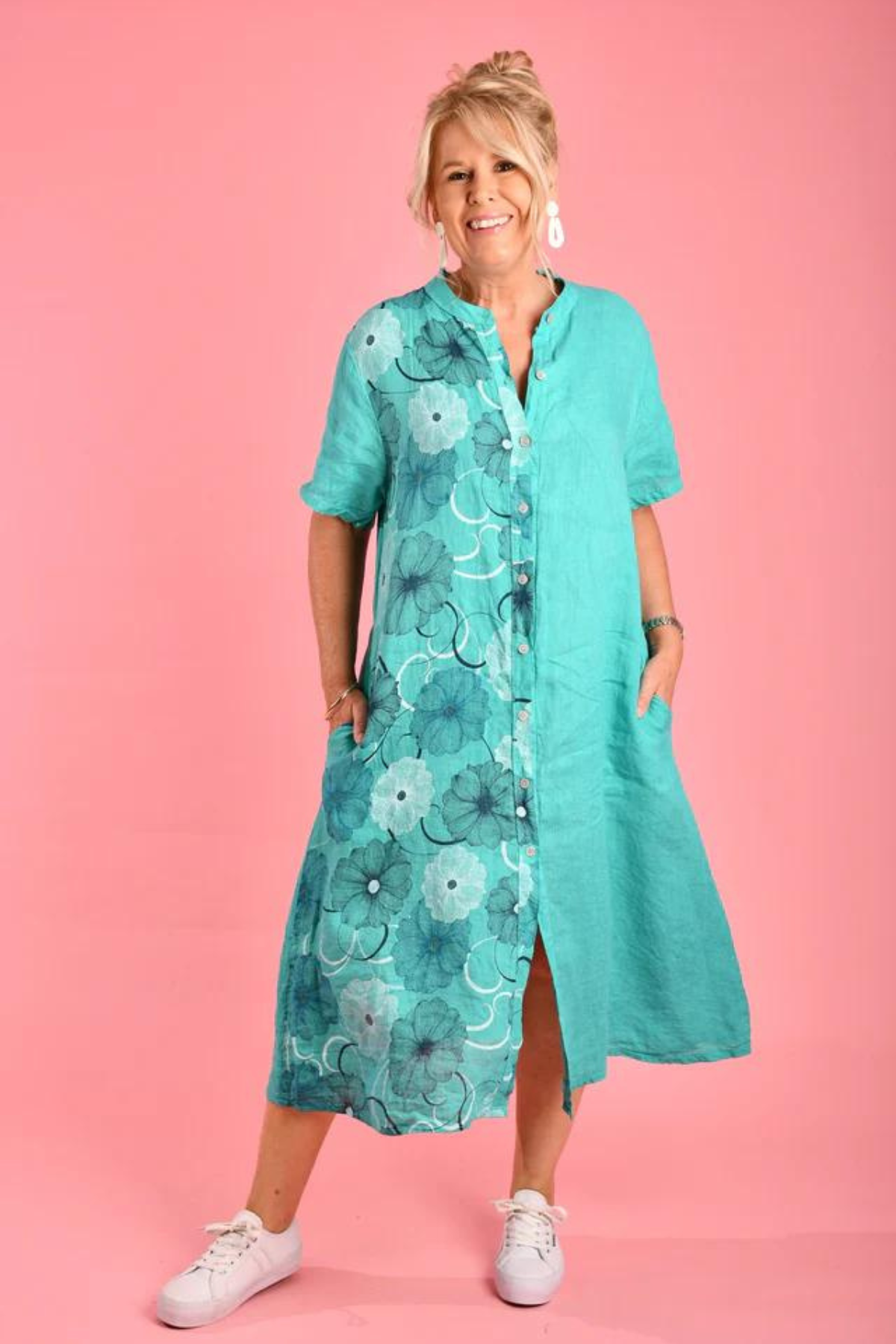 Geneva Linen Button Dress Teal Rose Belle Boutique
